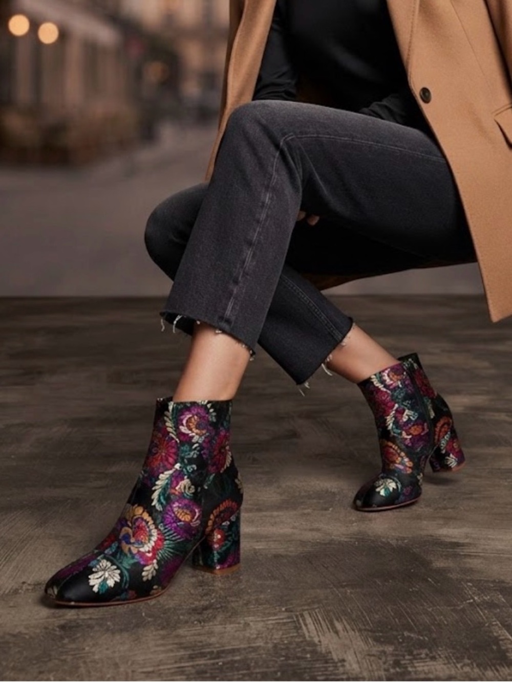Black Floral Brocade Embroidered Block Heel Ankle Booties Bohemian Chic 38EU